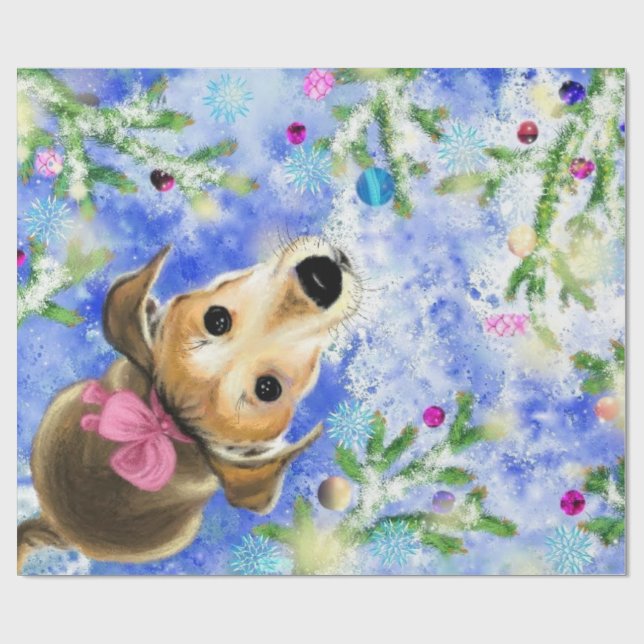 Puppy With Pink Ribbon - Merry Christmas Wrapping Paper (Flat)