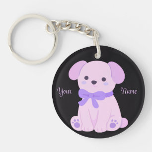 Puppy with Purple Bow Cute Kawaii Black Custom Key Ring