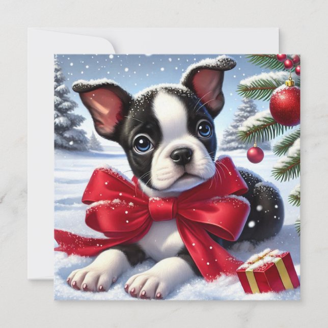 Puppy with Red Bow in Snowy Christmas Scene (Front)