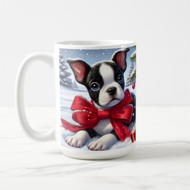 Puppy with Red Bow in Snowy Christmas Scene Coffee Mug (Left)