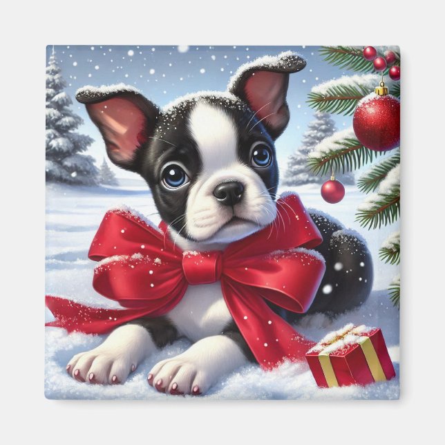 Puppy with Red Bow in Snowy Christmas Scene Magnet (Front)