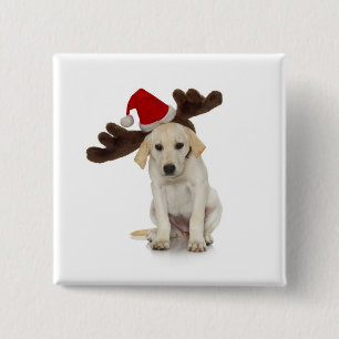 Puppy with Santa Hat and Reindeer Ears 15 Cm Square Badge