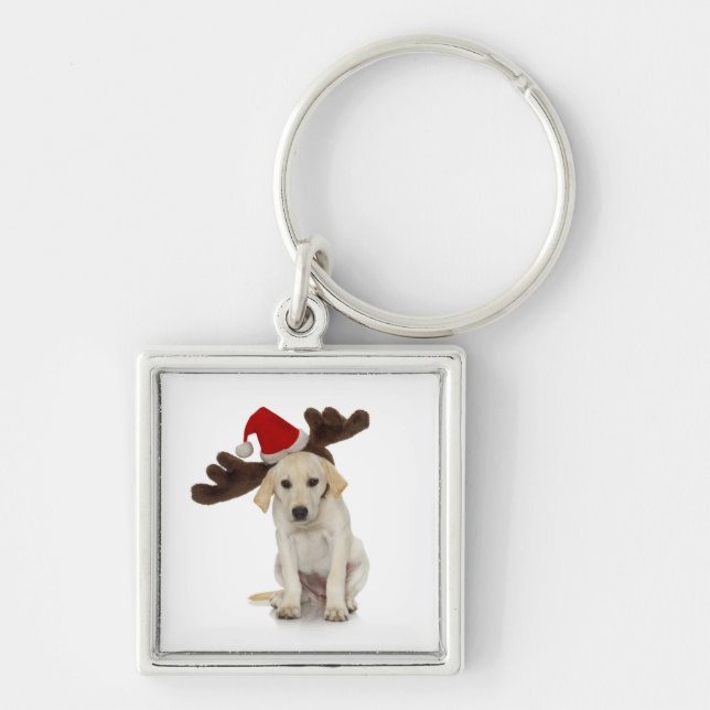 Puppy with Santa Hat and Reindeer Ears Key Ring (Front)