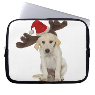 Puppy with Santa Hat and Reindeer Ears Laptop Sleeve
