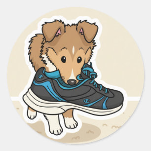 Puppy with shoe classic round sticker