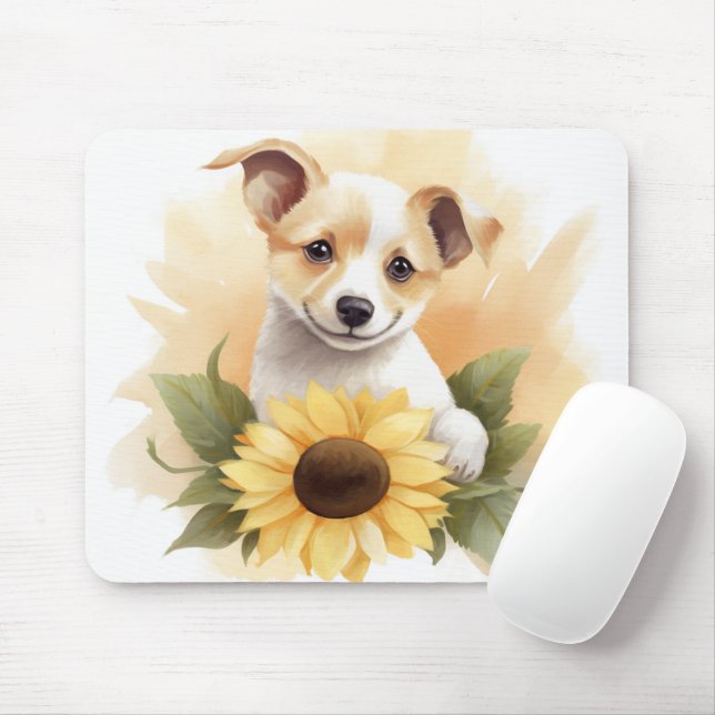 Puppy With Sunflower Mouse Mat (With Mouse)