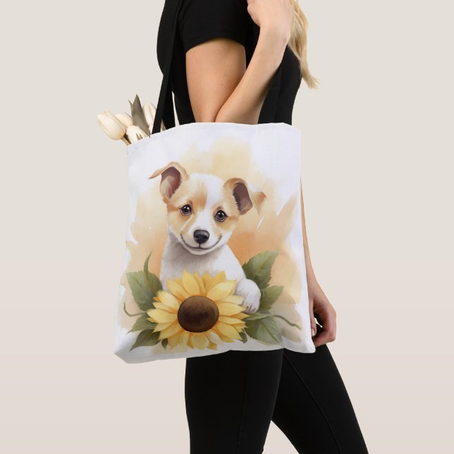 Puppy With Sunflower Tote Bag (Close Up)