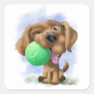 Puppy with tennis ball cartoon square sticker