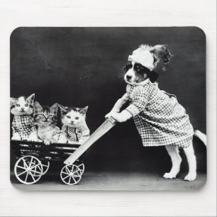 Puppy with Three Kittens in a Carriage Mouse Mat