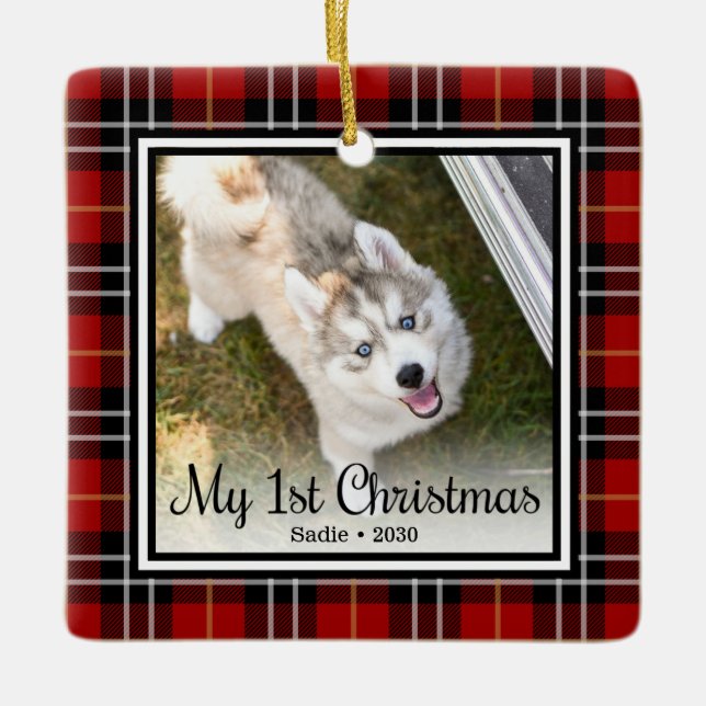 Puppy's 1st Christmas 2 Photo Ceramic Ornament (Front)