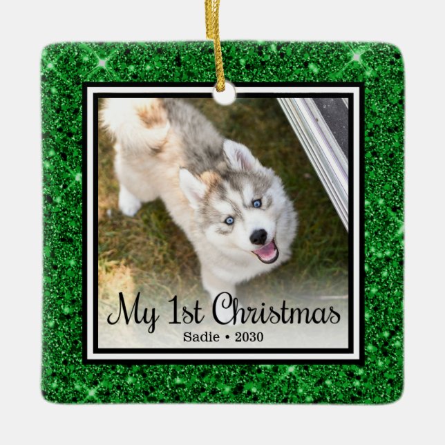 Puppy's 1st Christmas 2 Photo Ceramic Ornament (Front)