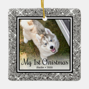 Puppy's 1st Christmas 2 Photo Ceramic Ornament