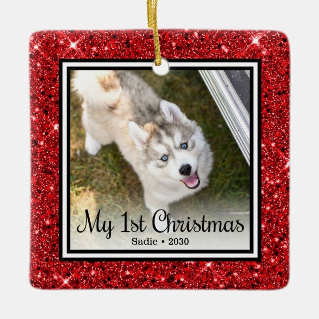 Puppy's 1st Christmas 2 Photo Ceramic Ornament (Front)
