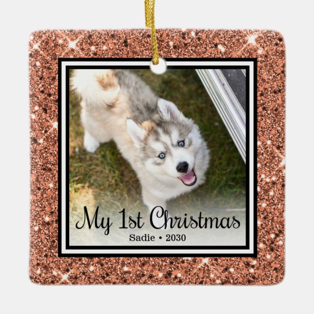 Puppy's 1st Christmas 2 Photo Ceramic Ornament (Front)