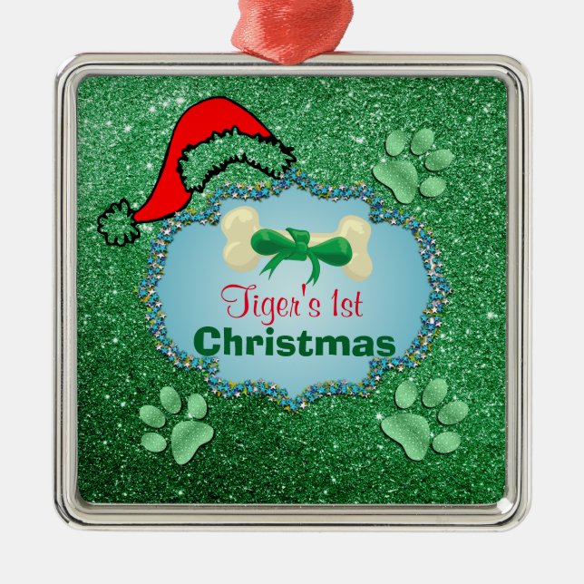 Puppys 1st Christmas Green Faux Glitter Santa Hat Metal Tree Decoration (Front)