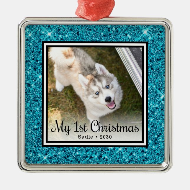 Puppy's 1st Christmas Photo Metal Tree Decoration (Front)