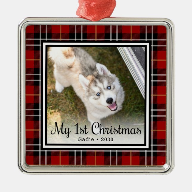 Puppy's 1st Christmas Photo Metal Tree Decoration (Front)