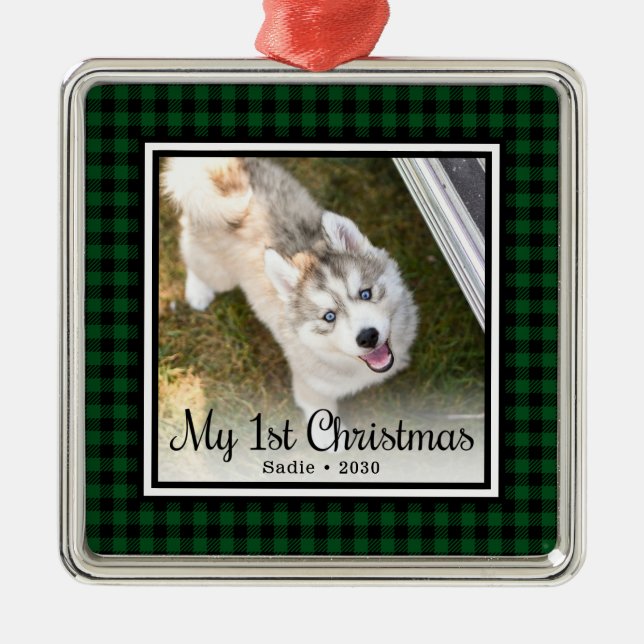 Puppy's 1st Christmas Photo Metal Tree Decoration (Front)