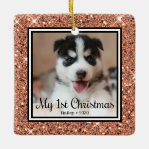 Puppy's 1st Christmas Rose Gold Glitter Ceramic Ornament