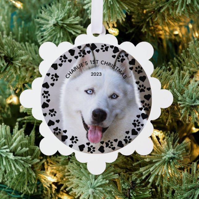 Puppy's 1st Christmas White & Green Pet Paw Prints Tree Decoration Card (Insitu (Tree))