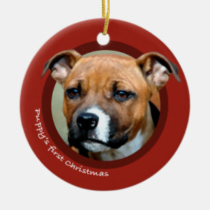 Puppy's First Christmas (American Staffordshire) Ceramic Tree Decoration
