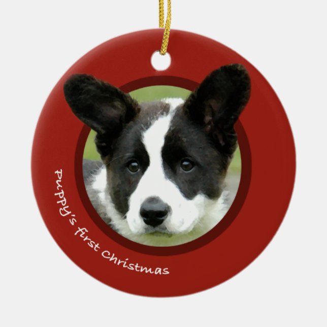 Puppy's First Christmas (Cardigan Welsh Corgi) Ceramic Tree Decoration (Front)