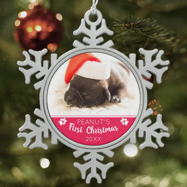 Puppy's first Christmas Custom photo Dog name Year Snowflake Pewter Christmas Ornament (Creator Uploaded)