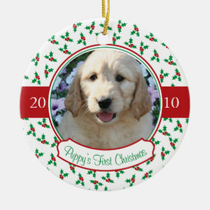 Puppy's First Christmas - Holly & Berries Ceramic Tree Decoration
