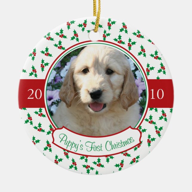 Puppy's First Christmas - Holly & Berries Ceramic Tree Decoration (Front)
