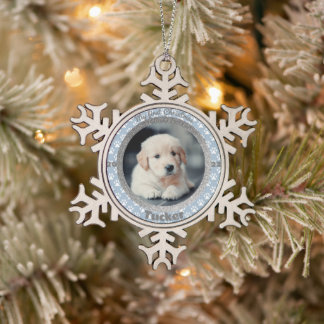 Puppy's First Christmas Photo Blue Paw Print Snowflake Pewter Christmas Ornament