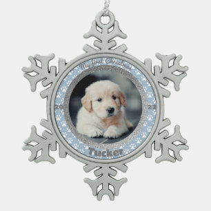 Puppy's First Christmas Photo Blue Paw Print Snowflake Pewter Christmas Ornament