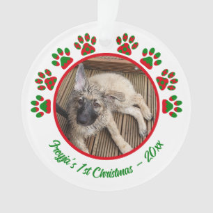 Puppy's First Christmas Photo Paw Print Green Ornament