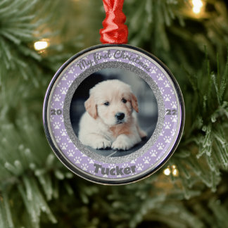 Puppy's First Christmas Purple Paw Print Metal Tree Decoration