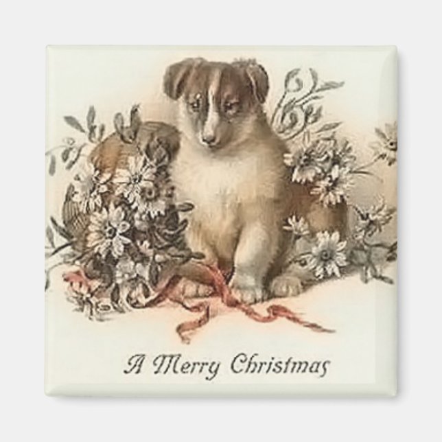 Puppy's Merry Christmas Vintage Magnet (Front)