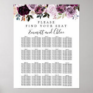 Puprle Pink Floral 20-Table Wedding Seating Chart