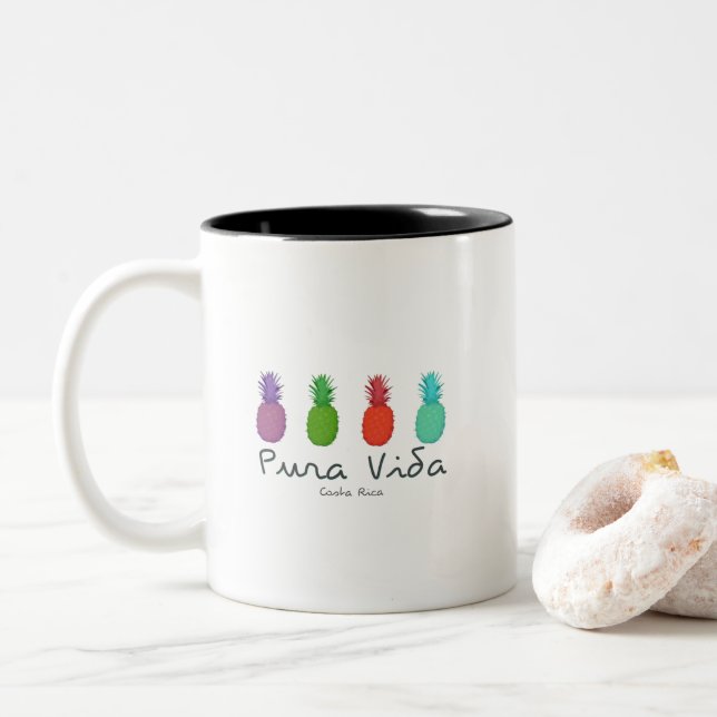 Pura Vida Pineapple Costa Rica Coffee Two-Tone Coffee Mug (With Donut)