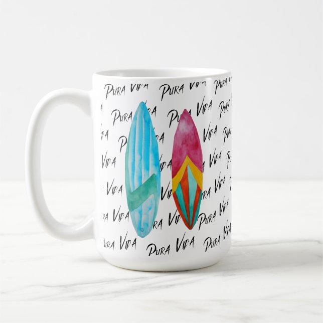 Pura Vida Watercolor Surfboard Costa Rica Coffee Mug (Left)