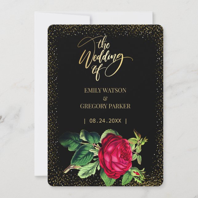 Pure black and gold elegance ,red roses wedding save the date (Front)