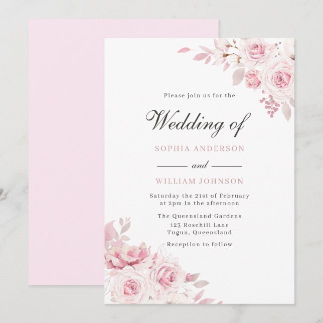 Pure Blush Elegant Watercolor Painted Rose Wedding Invitation (Front/Back)