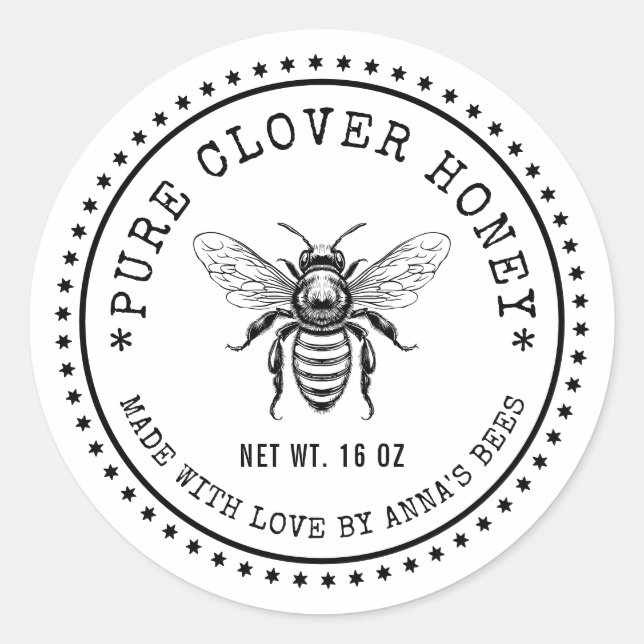 Pure clover honey label with custom colour bee (Front)
