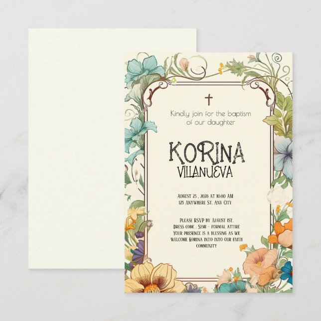 Pure Elegance: Cream & Green Simple Floral Baptism Invitation (Front/Back)