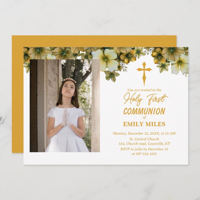 Pure Elegance floral first catholic communion Invitation (Front/Back)