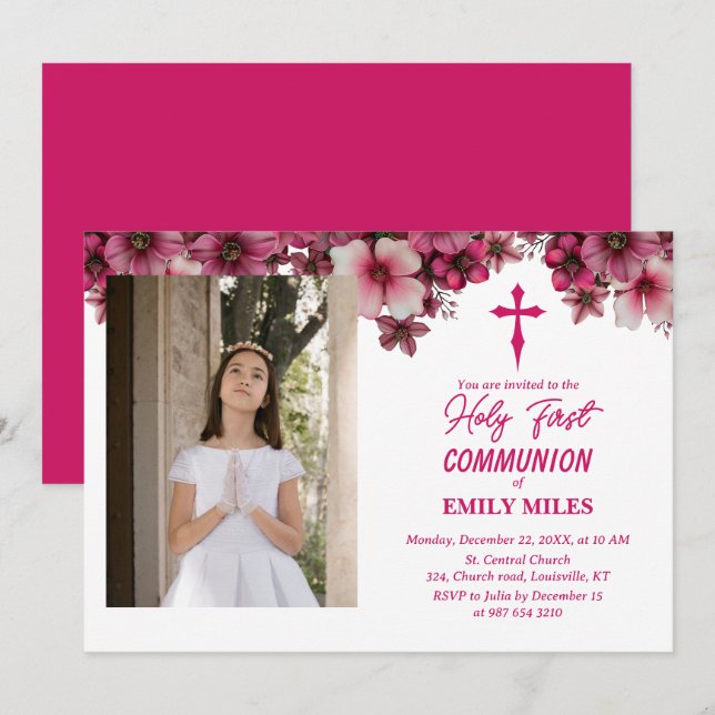Pure Elegance floral first catholic communion Invitation (Front/Back)