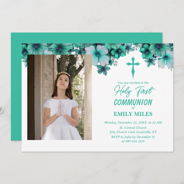 Pure Elegance floral first catholic communion Invitation (Front/Back)