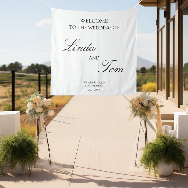 Pure Elegance White Tapestry ("Welcome to the Wedding of" Minimalistic, elegant, white/black, with your name & date. )