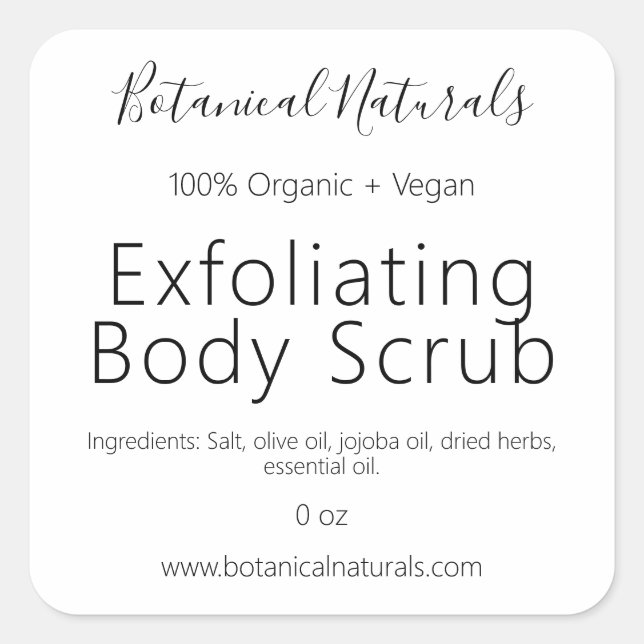 Pure Handmade Organic Vegan Body Scrub Labels (Front)