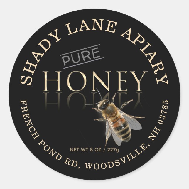 PURE Honey Label with Honeybee Black Gold Reflect (Front)