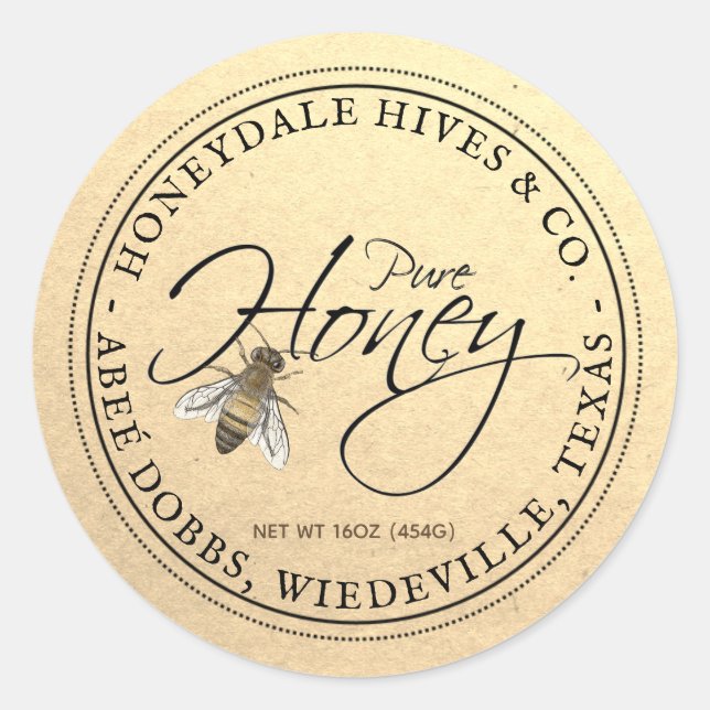 Pure Honey Vintage Bee Kraft Label (Front)