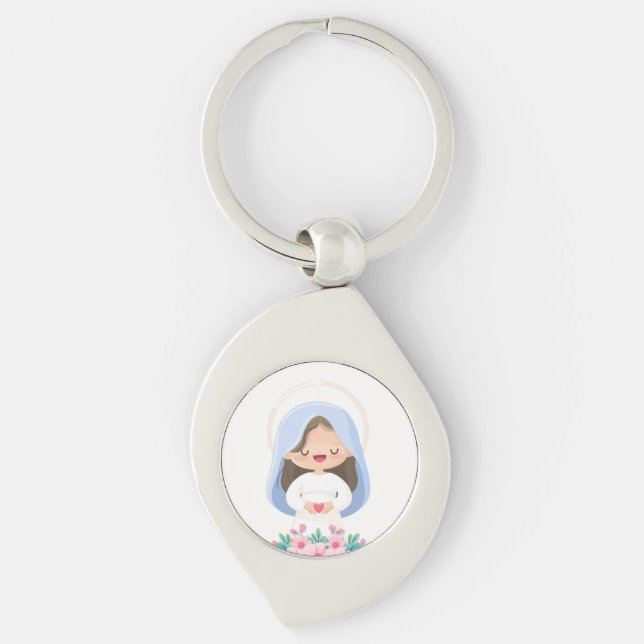 Pure Kawaii Virgin Mary with Heart – White Key Ring (Front)