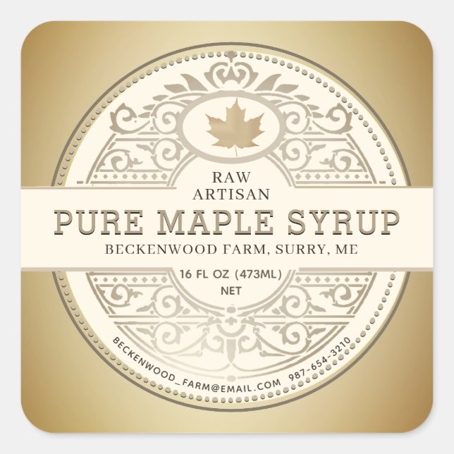 Pure Local Maple Syrup Ornate Label Metallic Gold  (Front)